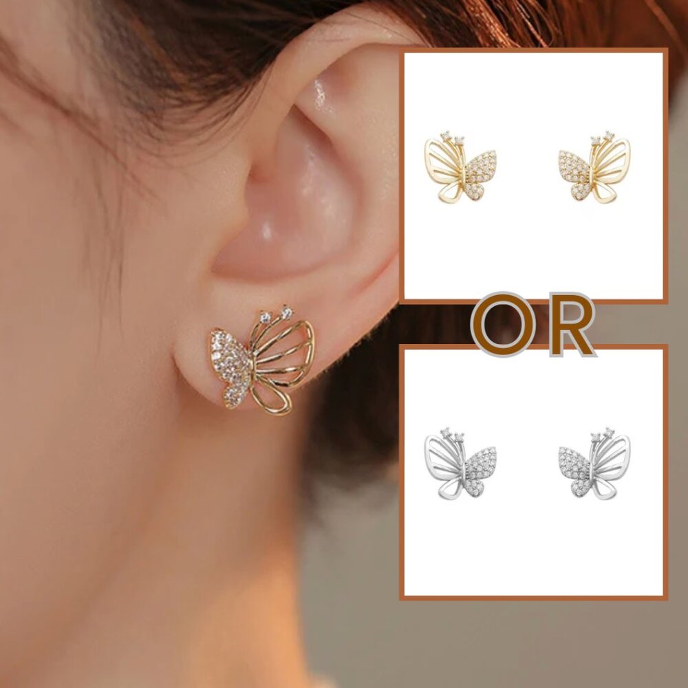 Elegant Gold OR Silver Color Cubic Zircon Butterfly Stud Earrings
